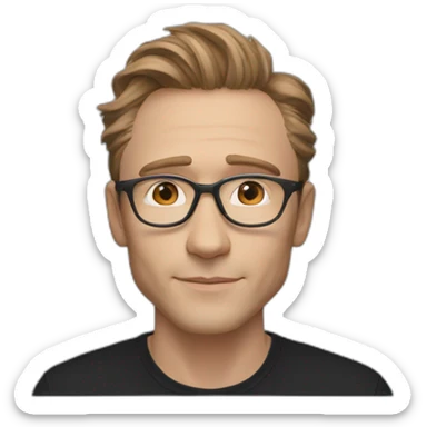 Light Brown guy, hair nose and lips like Tom Hiddleston, no facial hair, transparent round glasses, black t shirt sticker