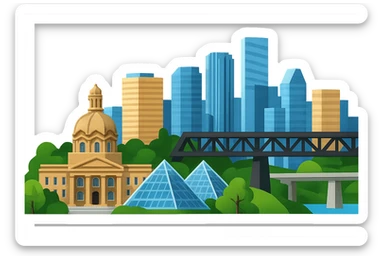 Remove any text or the name 'Edmonton' from the emoji image while keeping everything else exactly the same: the skyline with the Alberta Legislature Building, Muttart Conservatory, High Level Bridge, lifelike detail, accurate colors, bright lighting, wide city view. Maintain a fully transparent background. Preserve all other details and elements unchanged. sticker
