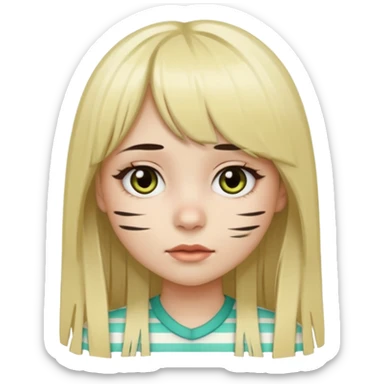 Girl with long straight dark brown hair and blonde striped streaks, with bangs. Light skin and dark eyes. Turn her into a cute zombie version — pale greenish skin, dark eyes, small wounds under eyes, keep her hair and mechas the same, emoji-style. sticker