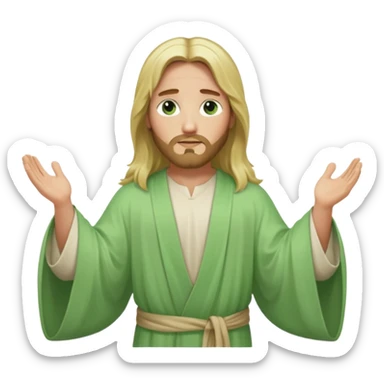 Jesus, green eyes, long blonde hair, light green wide, flowing outer robe. opening arms, gazing thoughtfully. Soft light, subtle fern. Waist-up, profile. sticker