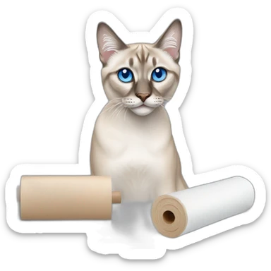 lynx point siamese cat with blue eyes attacking paper towel roll sticker