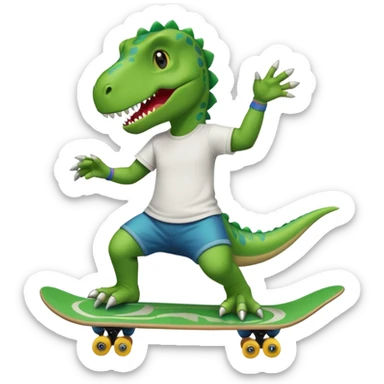 Dinosaur skateboarding at the skate park wearing a t-shirt and doing six seven and dancing sticker
