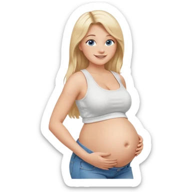 White girl, long blonde hair, white tank crop top, smiling, bare midriff, blue eyes, huge round pregnant belly, jeans, side view sticker