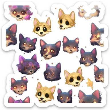 Black iridescent dog fox zombie skeleton gold mechanical nebula galaxy stars flowers fairy lights vintage sticker