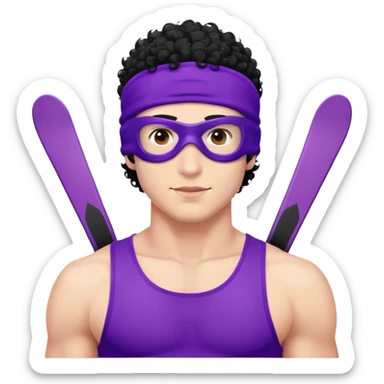 shirtless athletic man with white skin and black curly hair, wearing a purple ski mask sticker