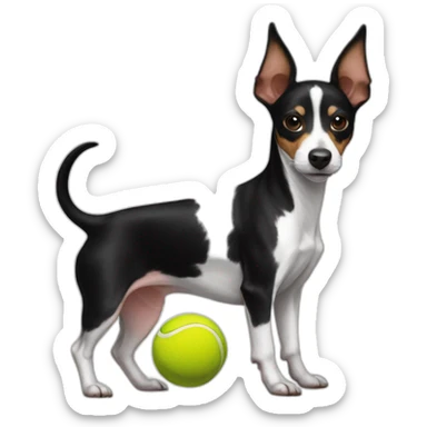 rat terrier colored like a black and white cow with tennis ball sticker