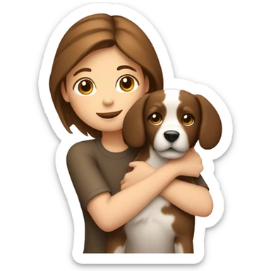 A girl with brown hair hugs a dog sticker
