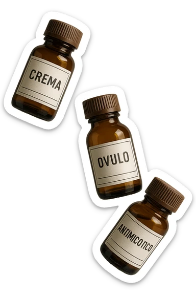 boccette di farmaci fluttuano in aria con le scritte: crema, ovulo o antimicotico in italiano sulle etichette, IPERREALISTICO 4K sticker