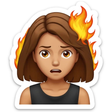 Woman with hair on fire looking stressed and panicked with brown shoulder length hair sticker