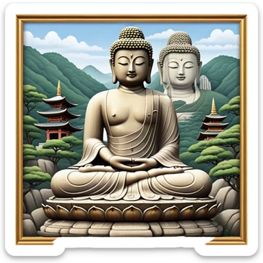 Cinematic Realistic image of the Big Buddha Monument of Sinheungsa Temple, portrayed as a towering, serene Buddha statue carved from weathered stone with intricate details and a gentle meditative expression, set within an ancient temple landscape enveloped in soft, ethereal lighting that underscores its spiritual majesty. sticker