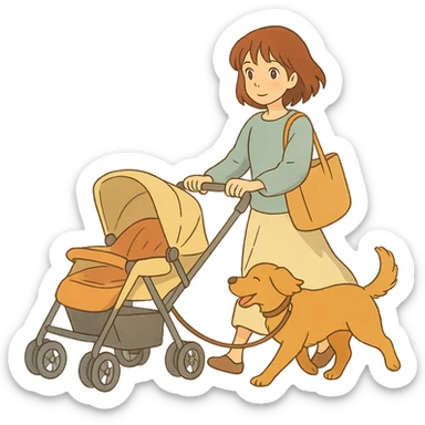 ghibli style girl walking with a stroller and dog on a leash, soft colors sticker
