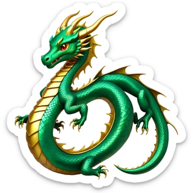 cinematic-noble-dragon-full body-emoji,-poised-and-majestic,-with-a-sinuous,-elongated-build-and-shimmering,-scale-covered-skin-in-hues-of-emerald-and-gold,-piercing,-fiery-eyes,-simplified-yet-sharp-and-sophisticated-features,-highly-detailed, zoomed out showing the serpentine body sticker