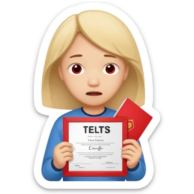 emoji student sad holding red sertificate IELTS 5.5, crying, failure, white background sticker