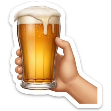 hand holding a glass of beer, mid-sip, with visible foam, apple emoji style sticker