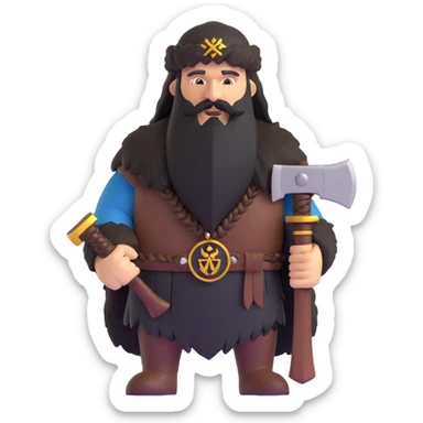 Russian pagan warrior with bear fur, battle axe, Slavic sun symbol amulet, long braided beard sticker