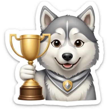 Triumphant husky dog with trophy sticker