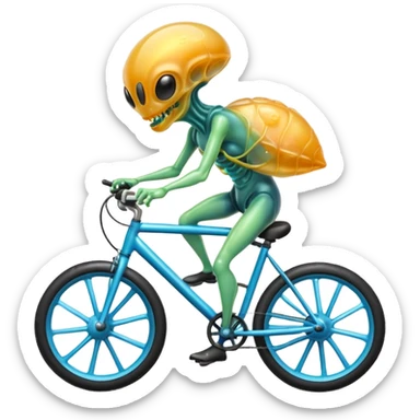 jelly alien riding a bicycle, translucent gelatin body, glowing core inside, wobbly fun movement, cute sci-fi creature, 3D cartoon, mobile game icon style, clean background, no text, no watermark
 sticker