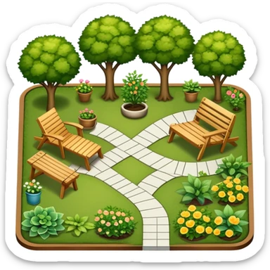 Icon for Landscape Design: a garden layout with trees, plants, pathways, and outdoor furniture, along with design tools like a ruler, pencil and sketchpad. The icon should represent the creativity and planning behind landscape design. Transparent background. sticker