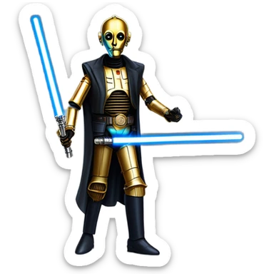 tough well-equipped jedi first order life-sized darkblue-pearl C3po as a friendly bounty hunter droid wearing a leather attire old west duster coat holding light saber ready  sticker