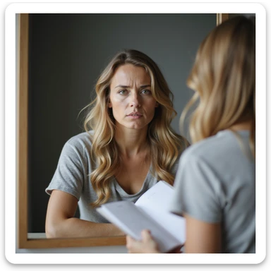 adult woman, photorealistic, diet plateau phase, sitting in front of mirror, open food diary, fixed and discouraged gaze, natural light, bedroom background sticker