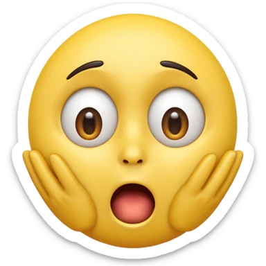 A 3D glossy yellow emoji of a shocked horrified face, with mouth and eyes are wide open, eyebrows  raised, and hands against their cheeks, face without nose, black background, high quality, soft studio lighting sticker