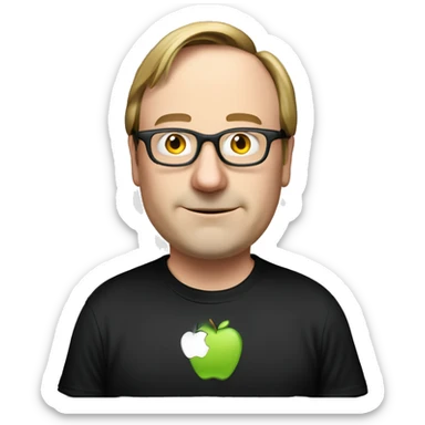 Linus torvalds with linux wearing black t-shirt with apple logo. His hands holding a windows pc sticker