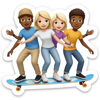 Four people (two black guys, one white guy, one white girl) on one long skateboard sticker