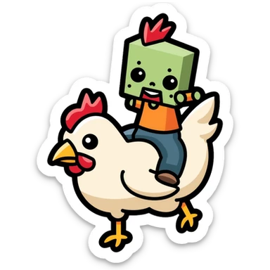 Minecraft chicken jockey - a small pixelated baby zombie riding on top of a white chicken, blocky style sticker