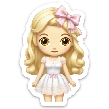 full body, woman standing, pale skin, long blonde hair, wearing lolita pink dress with white lace, wearing a pretty white bow on top of her head sticker
