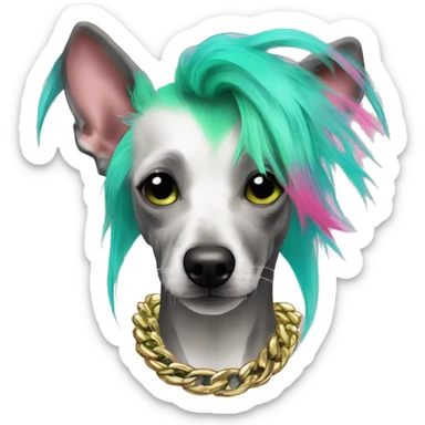 Punk Chinese crested dog neon rainbow cyan green pink hair gold chain punk piercings tattoos punk ear piercings sticker