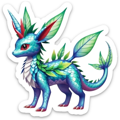 Shiny Scaley Marked Patterned Colorful Tropical Shaymin-Vaporeon-Sceptile-Flygon-Meloetta-Pokémon-Fakémon-fusion, full body sticker