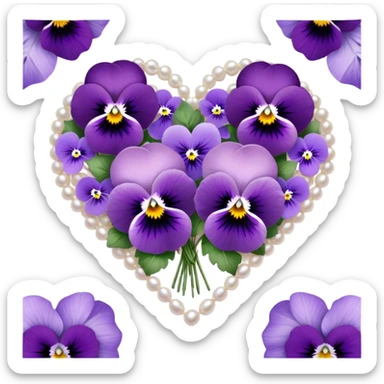 An exquisite heart-shaped bouquet composed of deep lilac flowers and ice violet pansies, harmoniously blended with amethyst and pastel purple tones, is delicately placed on smooth pearl satin fabric, its beauty further enhanced by the subtle sparkle of tiny silver adornments. sticker