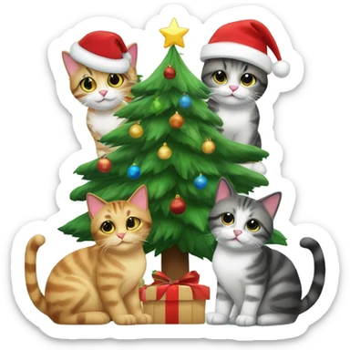 Four different cats sitting under a Christmas tree  sticker