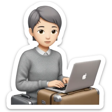 페르소나 요약 : 교환학생을 준비하는 대학생. 동양인 중성 20대의 상반신, 캐주얼한 옷(니트, 맨투맨)을 입은 채 노트북을 보고 있으며 옆 한켠에는 캐리어가 함께 준비되어 있어요. 안경은 끼지 않았어요 sticker