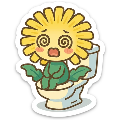 lemon yellow dandelion flower with a shocked face, sitting on a toilet with swirls in the eyes, soft colors, chibi expression sticker