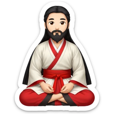 Beautiful man with lightly tan skin and dark long beard, long hair, in red and white Hanfu sitting on the ground sticker