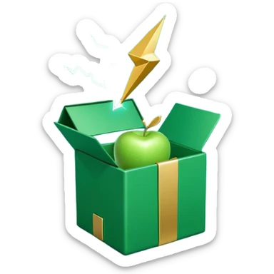 3D minimal open gift box with small floating icons coming out (envelope, lightning bolt, sparkle), matte finish, deep green (#0B3D2C) box, gold (#C9B037) icons, Apple style, ultra minimal, soft shadow, transparent background sticker