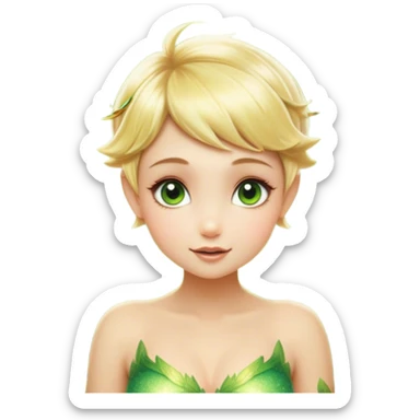 Cinematic Realistic Blonde Tinker Bell Fairy Portrait, depicted with lifelike, delicate skin glowing with a subtle radiant aura, soft natural lighting accentuating her gentle features, and intricately detailed golden blonde hair styled in a whimsical pixie cut. Her iridescent, translucent wings shimmer with delicate fairy dust, and her expressive, sparkling eyes reflect a world of magic. Adorned in a subtle blend of woodland greens and soft pastel accents, the portrait exudes an enchanting glow that seamlessly merges realism with fairy charm. sticker