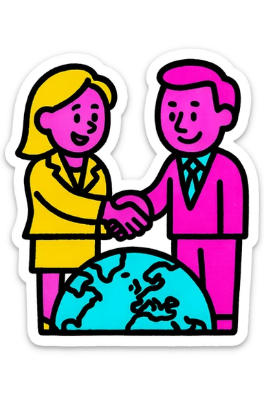 A lively and playful icon of two businesspeople shaking hands over a world map sticker