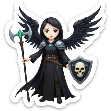 Necromancer girl with wings, a scythe and shield, in front of a dead mage sticker