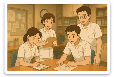 Collaboration scene of four nursing students inspired by photos, in a care station, Ghibli style. White medical tunics with V-neck, left chest pocket, short sleeves, no classic collar, no accessories, warm and professional atmosphere. sticker