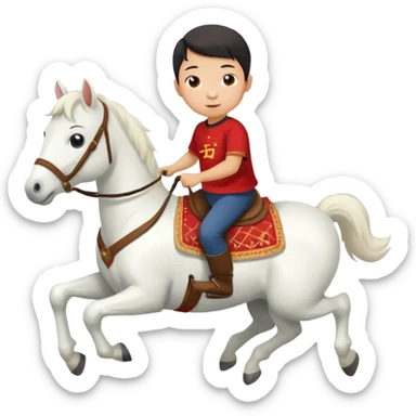 A Chinese little boy is riding a cute white small horse, and the horse is running. The blanket on the saddle says ‘2026.’  (2026 MUST HAVE) 。 sticker