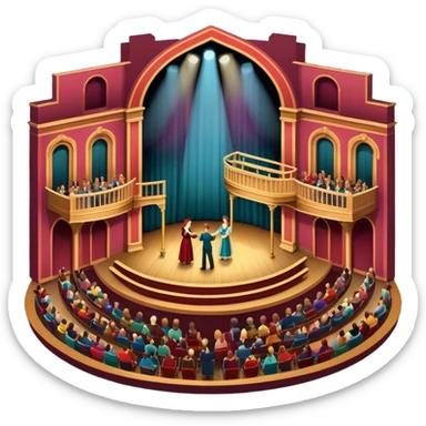 An icon depicting a theater stage with actors performing a play, illuminated by dramatic lighting. The audience watches from colorful balconies, while an orchestra plays in the pit, creating an immersive atmosphere. transparent background. sticker