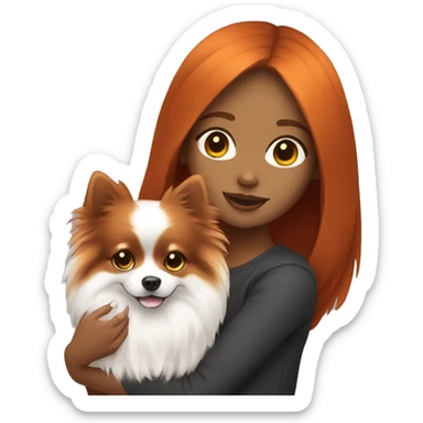 Dark red haired girl holding orange and white Pomeranian sticker