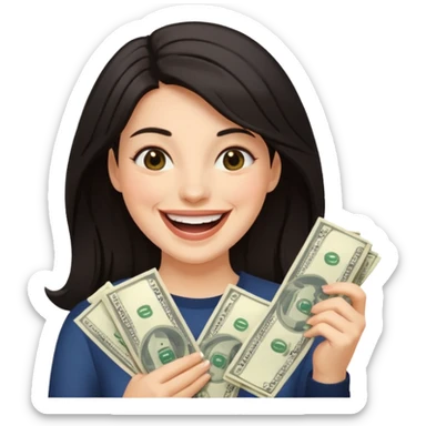 laughing dark haired woman holding lots of money sticker