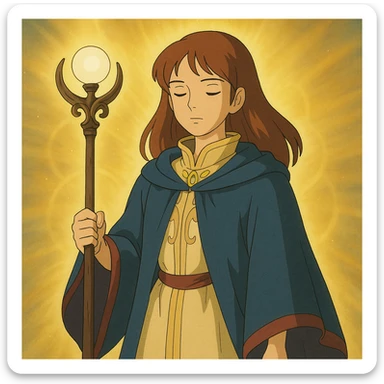 legendary mentor, young woman with elegant robe and magical staff, surrounded by light, ghibli style sticker