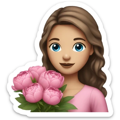 a girl with long brown hair and blue eyes holding a Beautiful bouquet of pink peonies   sticker