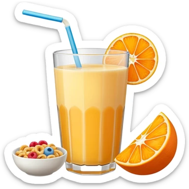 A glass of juice and a bowl with cereals sticker