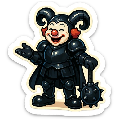 A jovial armored clown with ram horns, glossy black on matte black armor, short cape hanging down, large black clown shoes, standing relaxed with feet apart, one arm down holding an oversized spiked mace to the ground, the other hand gesturing outward, eyes barely open, smiling, vibrant retro stickers style, no yellow aged tint, full body, transparent background sticker