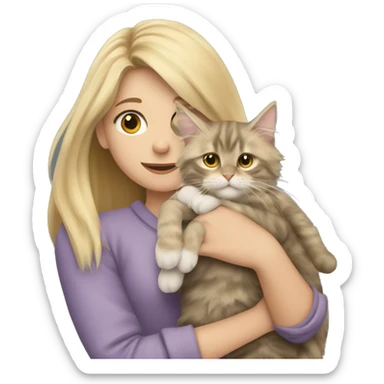 A blonde girl holds a maine coon cat in her arms sticker